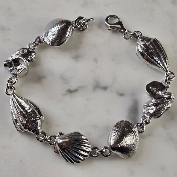 Womens Vintage Estate Sterling Silver Seashell Link Bracelet 25.9g E4576